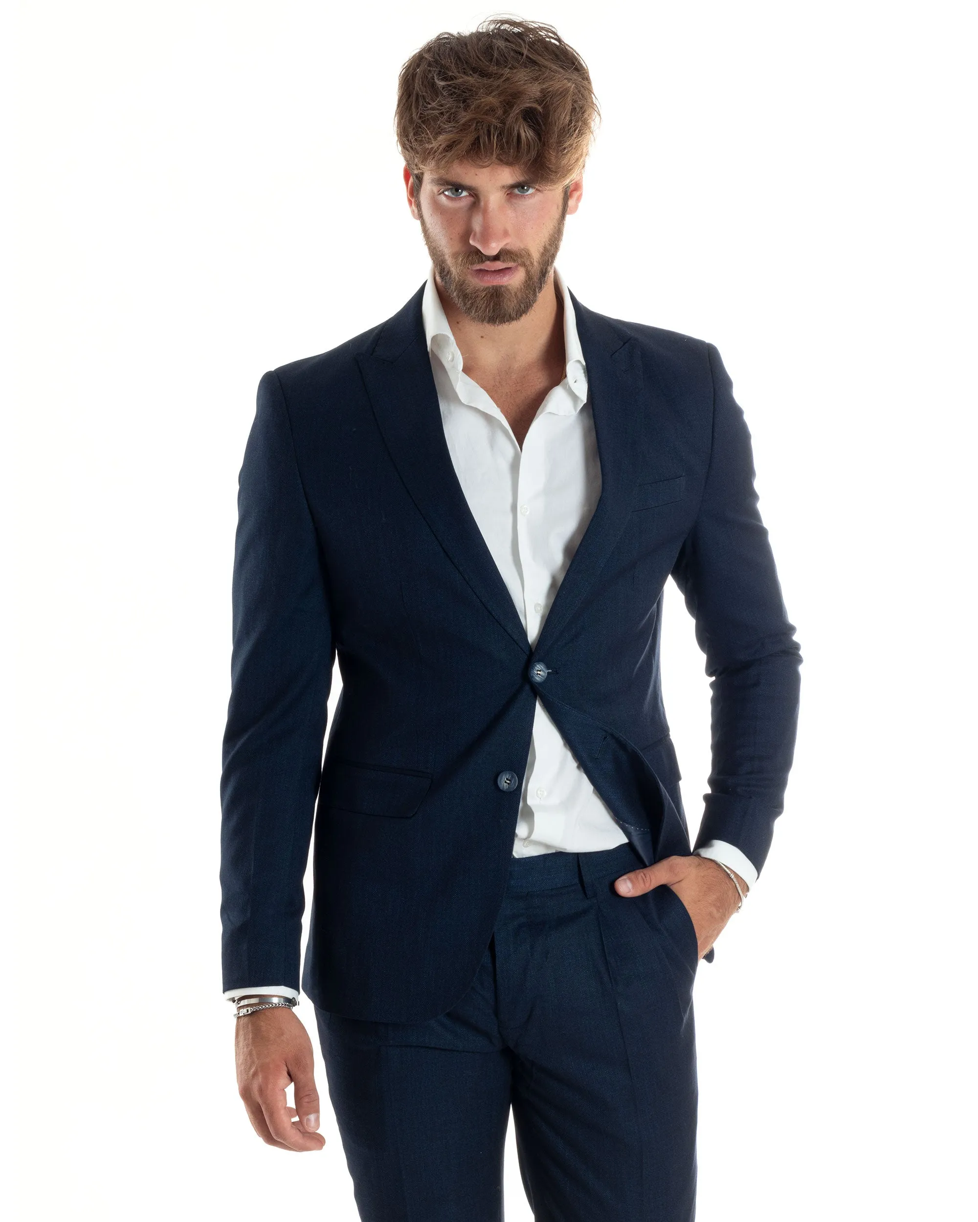 Abito Uomo Completo Sartoriale Monopetto Giacca Pantaloni Casual Elegante Tinta Unita Melangiato Blu GIOSAL-AE1071A