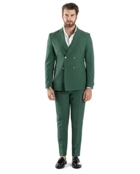 Abito Uomo Doppiopetto Vestito Completo Giacca Pantaloni Bottoni Metallo Verde Melangiato Elegante Casual GIOSAL-AE1057A