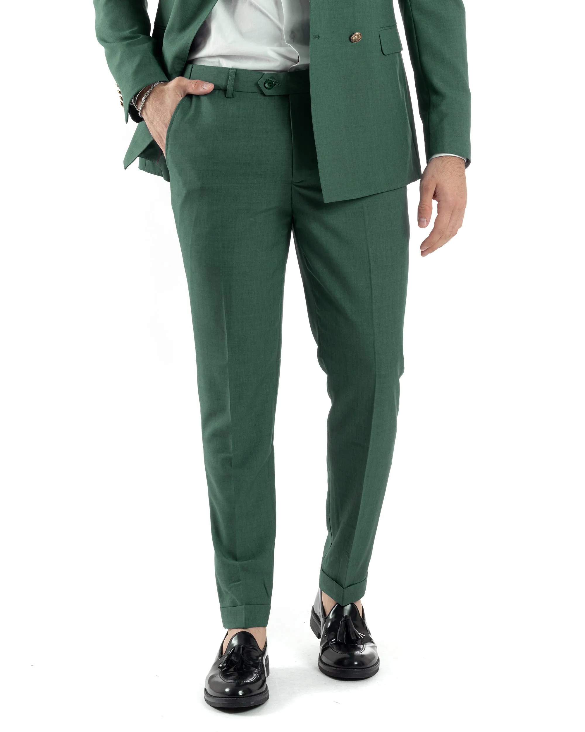 Abito Uomo Doppiopetto Vestito Completo Giacca Pantaloni Bottoni Metallo Verde Melangiato Elegante Casual GIOSAL-AE1057A