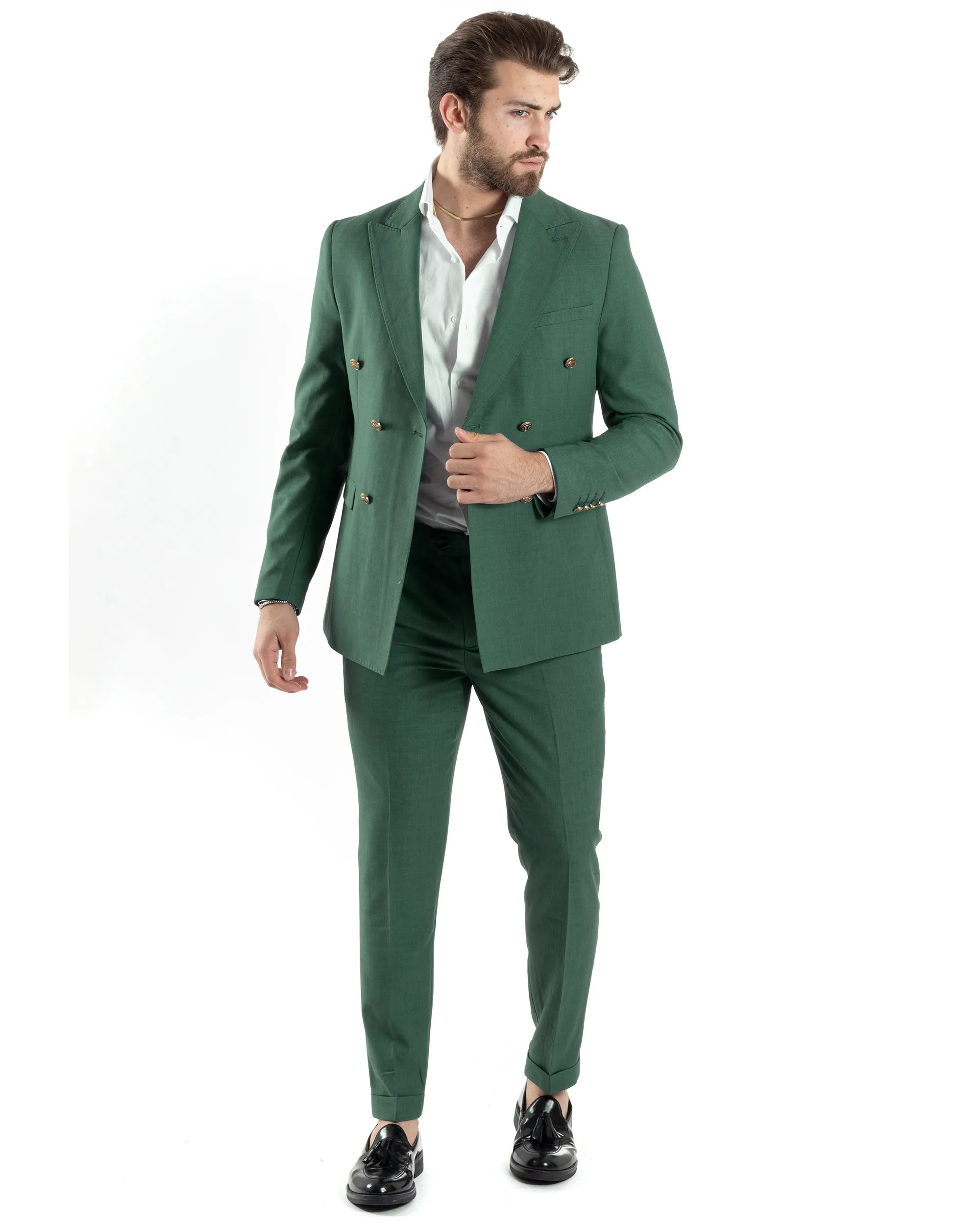 Abito Uomo Doppiopetto Vestito Completo Giacca Pantaloni Bottoni Metallo Verde Melangiato Elegante Casual GIOSAL-AE1057A