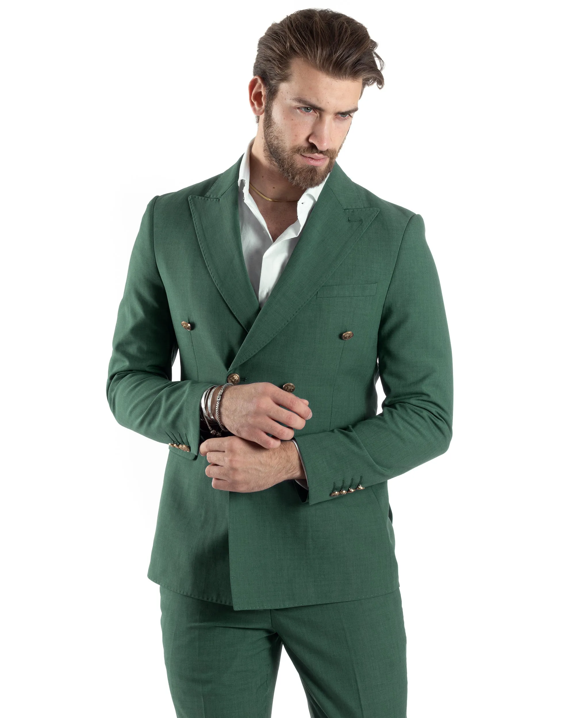 Abito Uomo Doppiopetto Vestito Completo Giacca Pantaloni Bottoni Metallo Verde Melangiato Elegante Casual GIOSAL-AE1057A