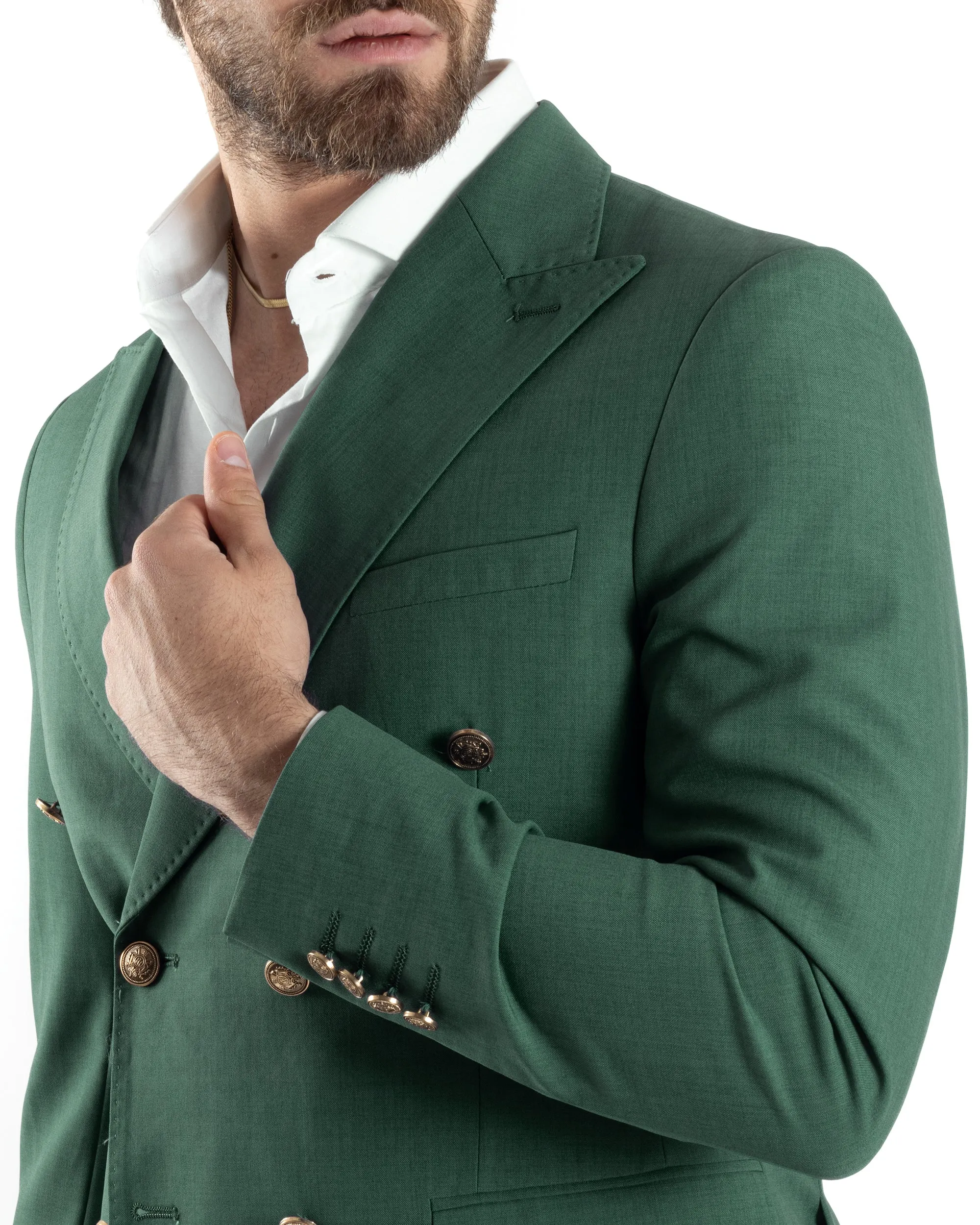 Abito Uomo Doppiopetto Vestito Completo Giacca Pantaloni Bottoni Metallo Verde Melangiato Elegante Casual GIOSAL-AE1057A