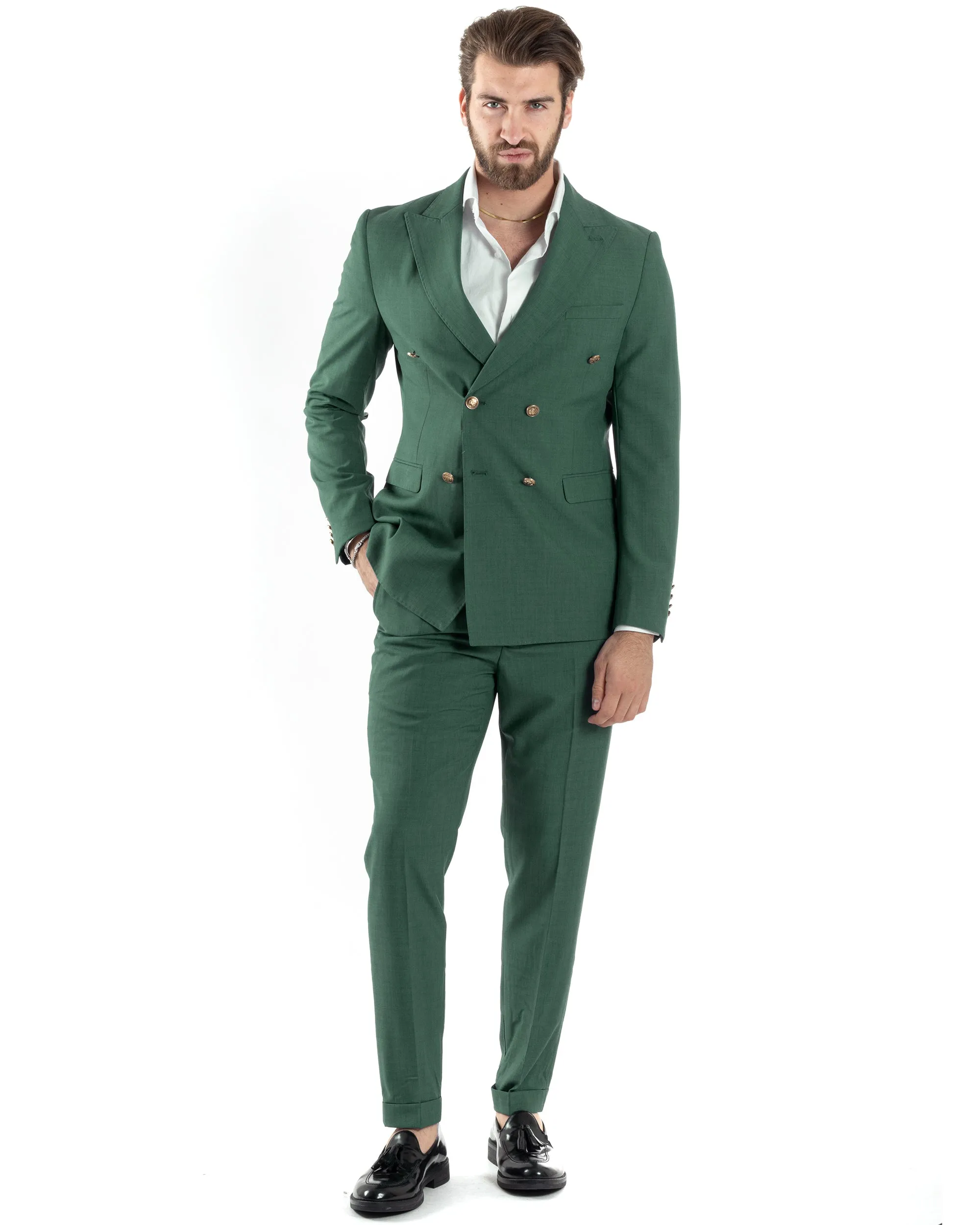 Abito Uomo Doppiopetto Vestito Completo Giacca Pantaloni Bottoni Metallo Verde Melangiato Elegante Casual GIOSAL-AE1057A