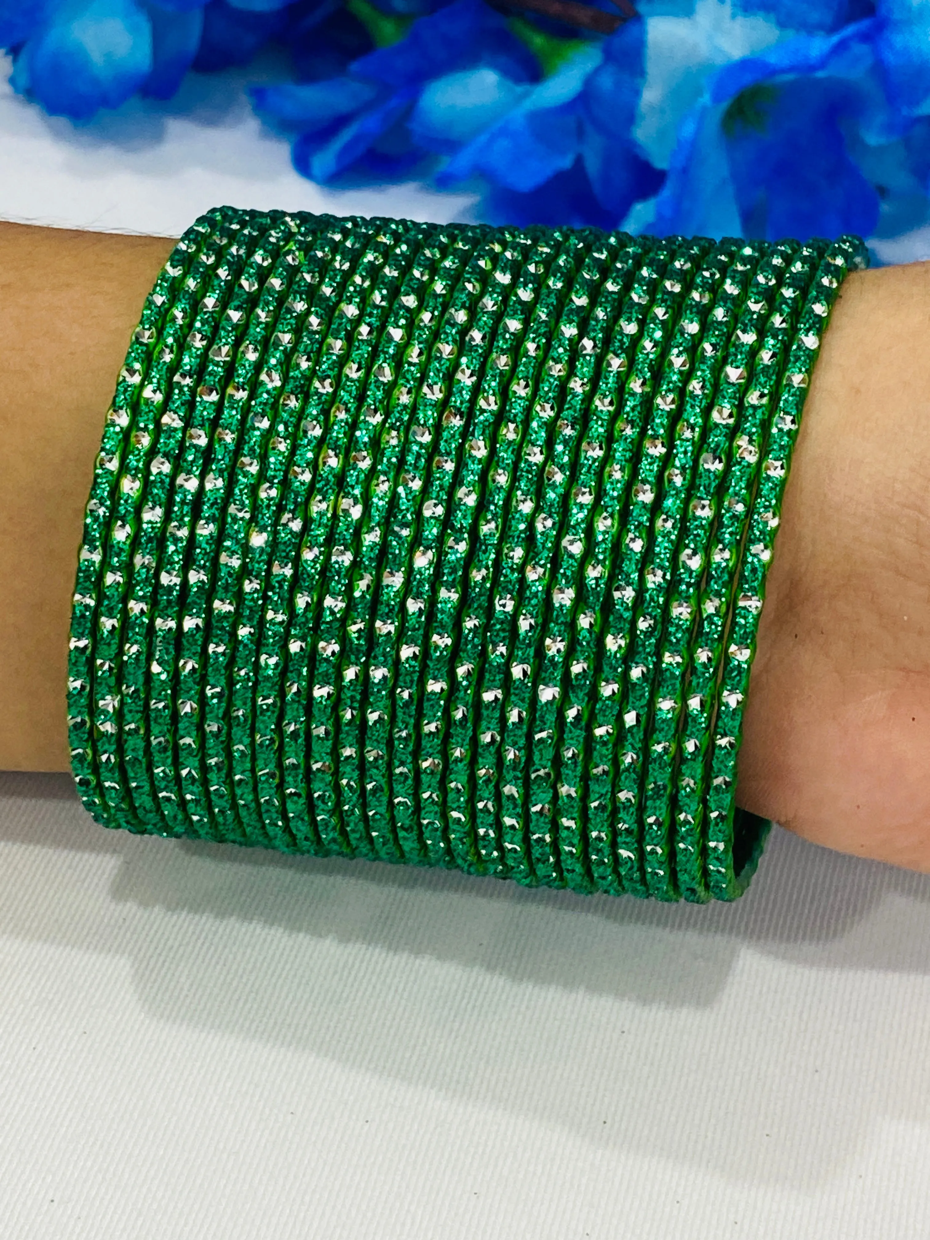 Alluring Dark Green Color Fancy Designer Glitter Bangle Set