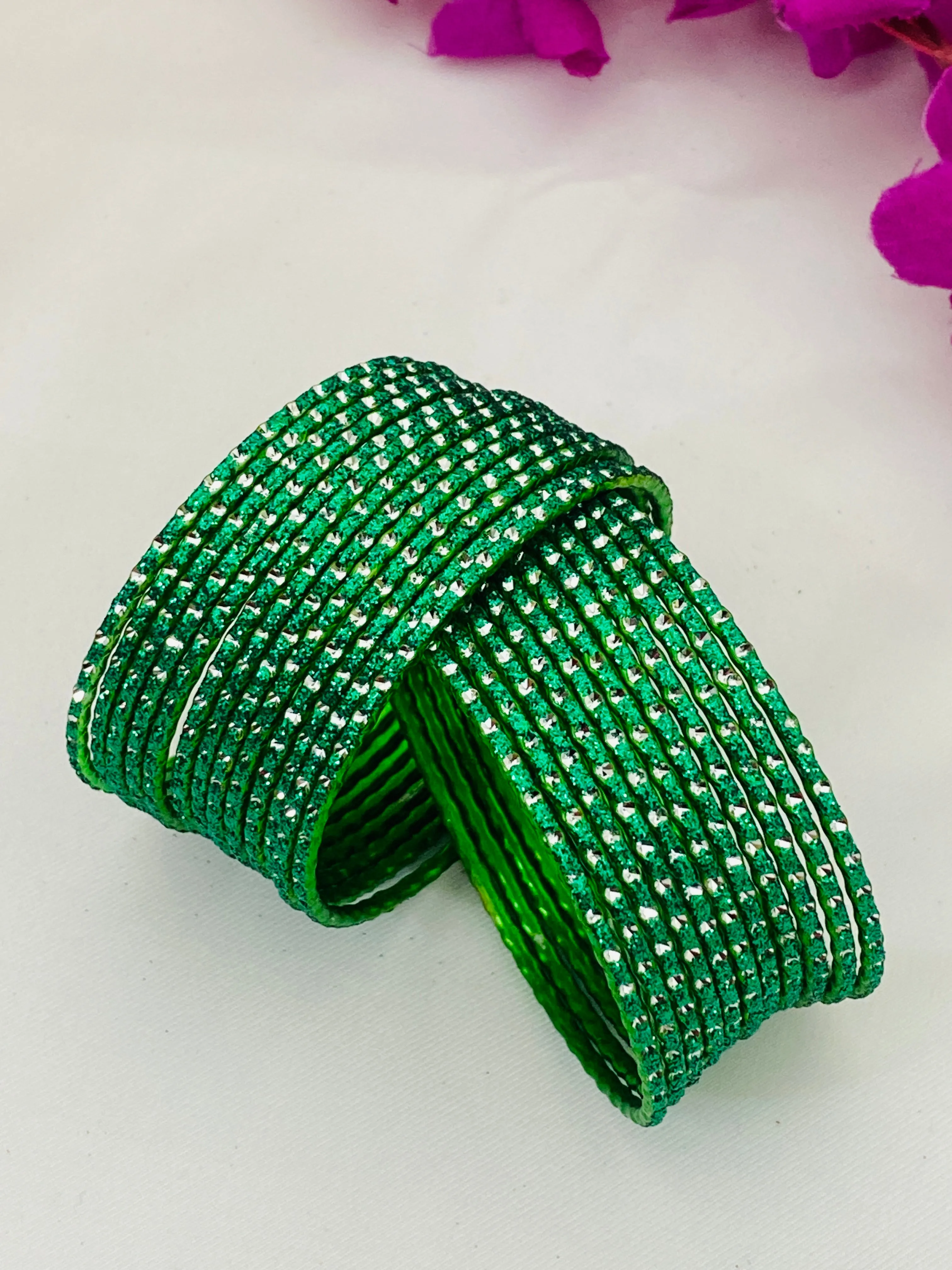 Alluring Dark Green Color Fancy Designer Glitter Bangle Set