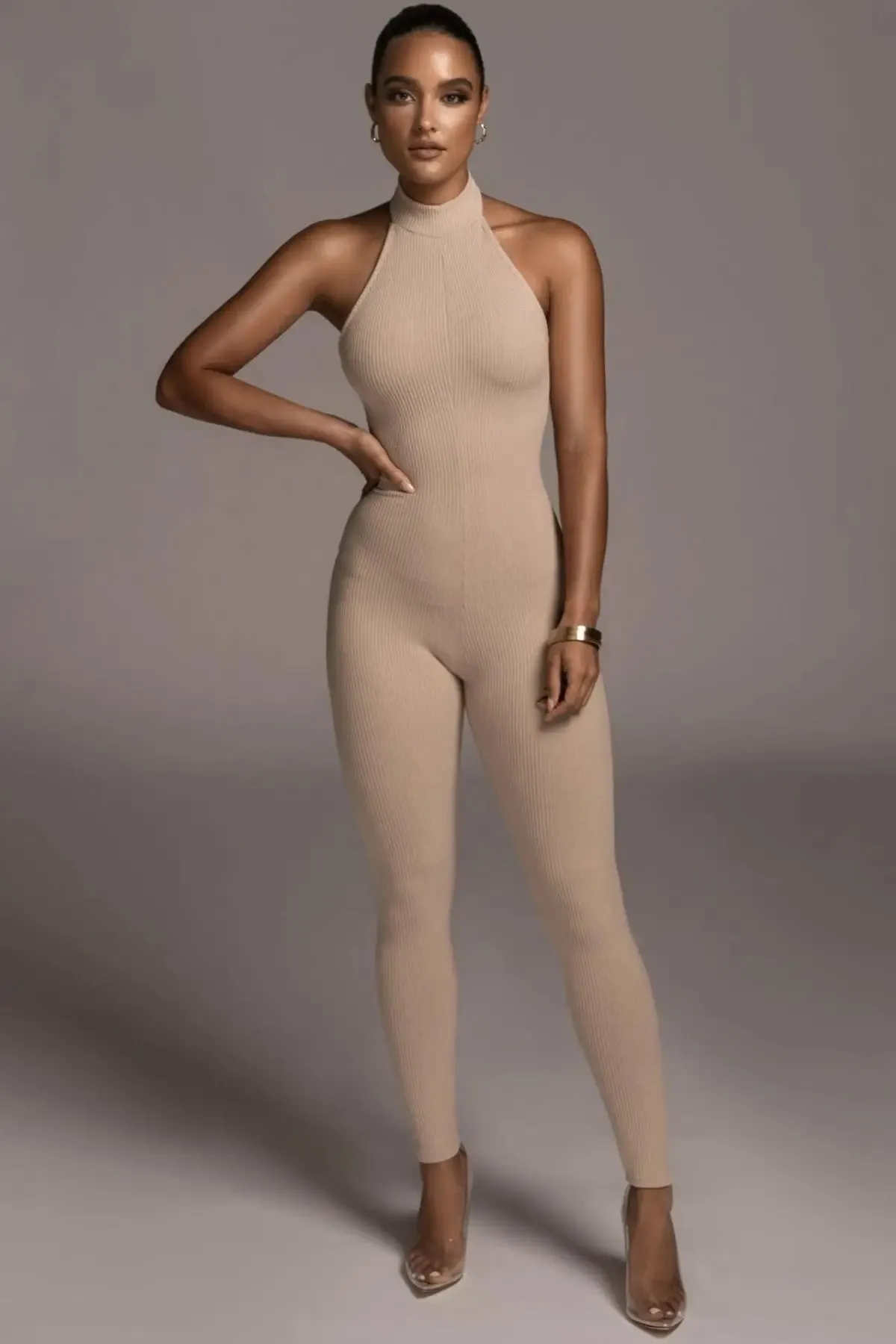 Beige Backless Halter Jumpsuit