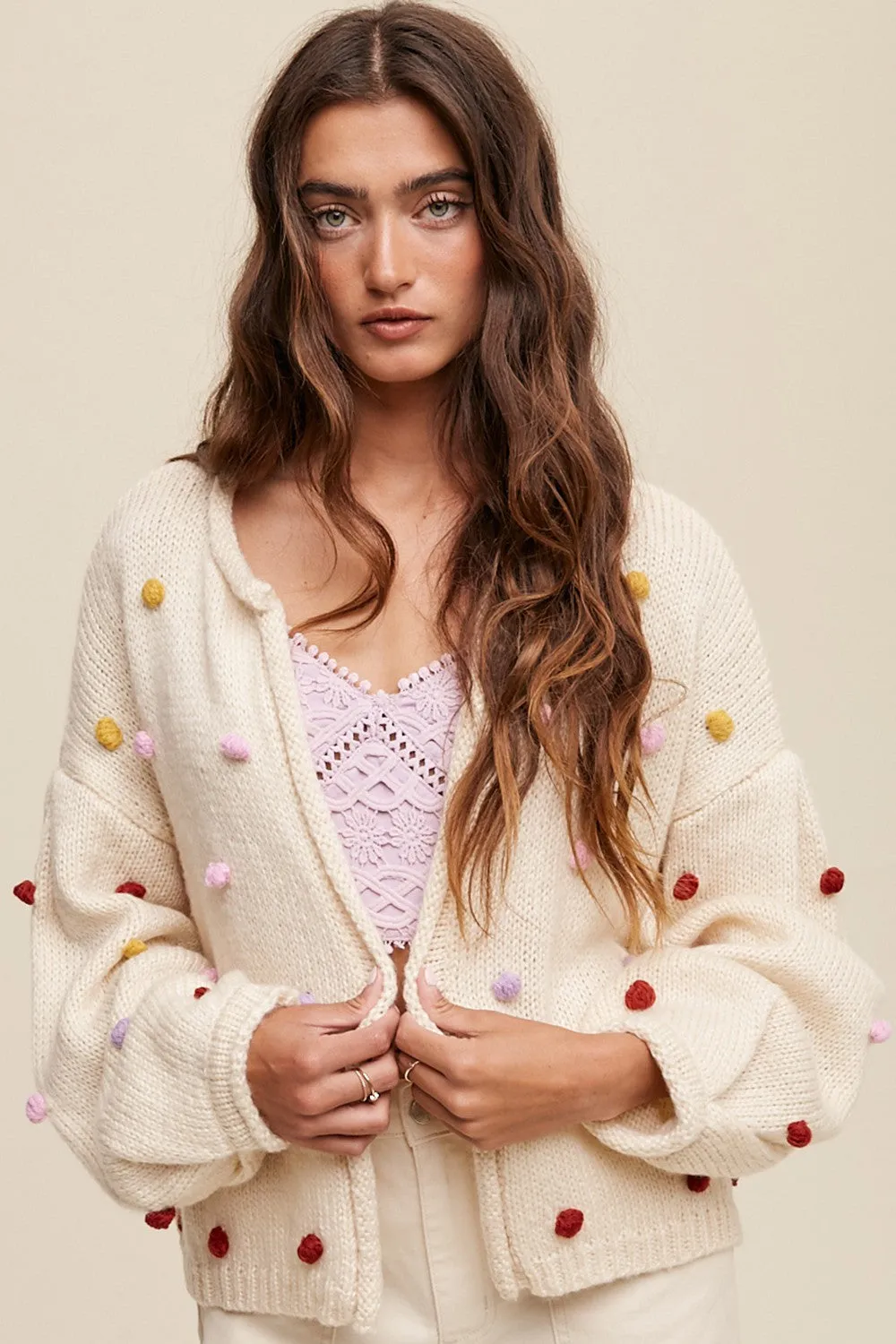 Beige PomPom Maternity Cardigan