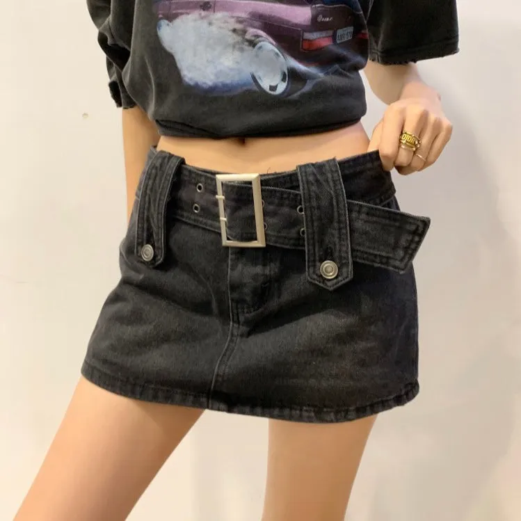 Black Buckle Belt Denim Skirt