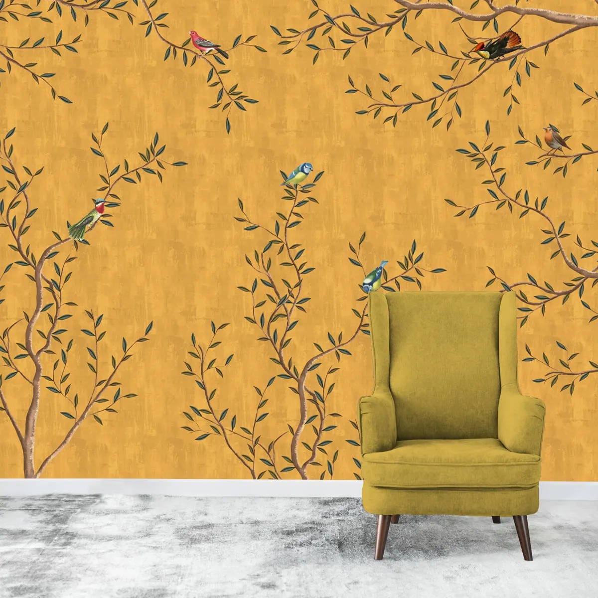 Chinoiserie Design, Mustard Yellow Wallpaper for Walls, Customised