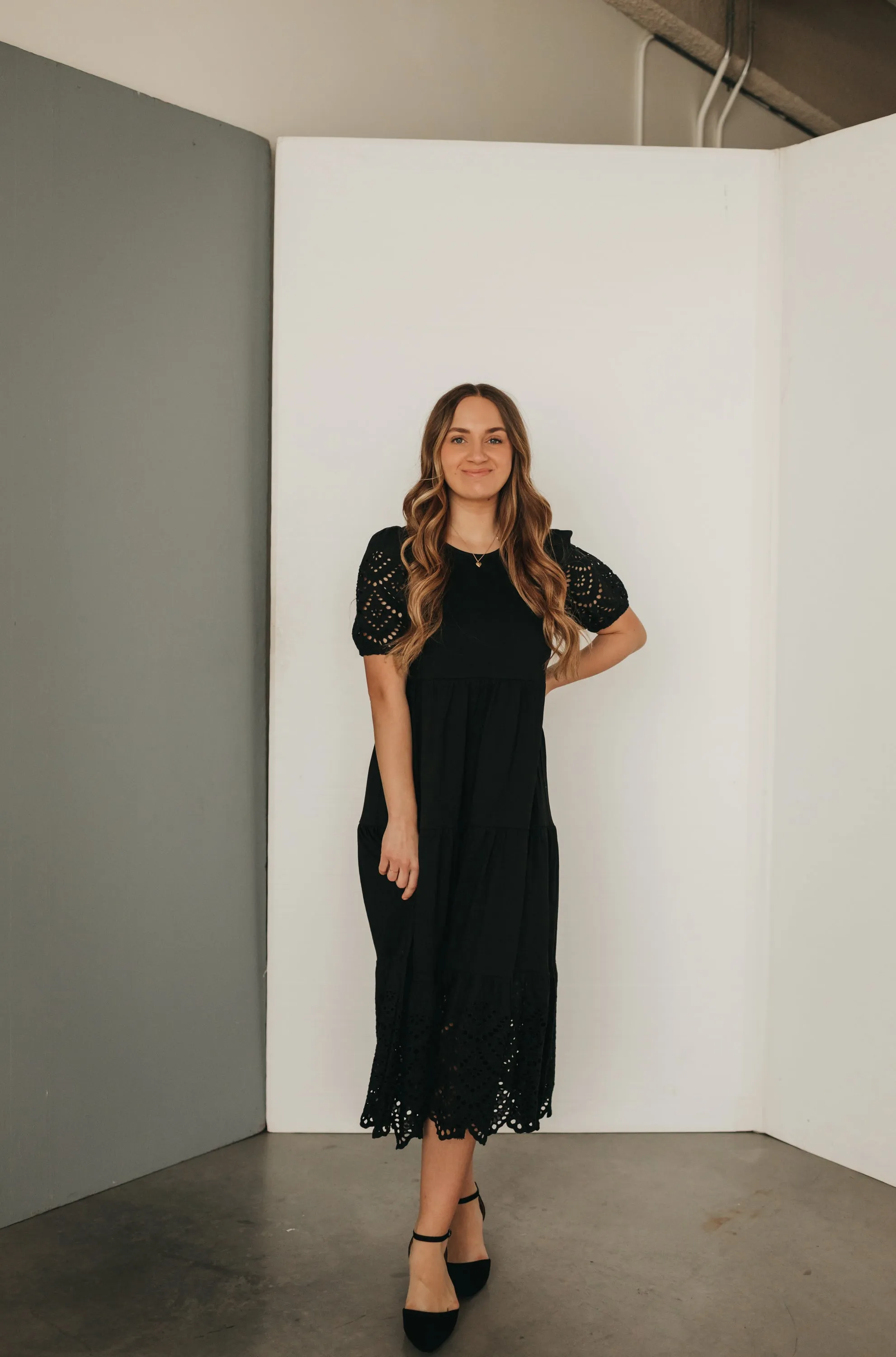 Cindy Eyelet Midi Dress in Black