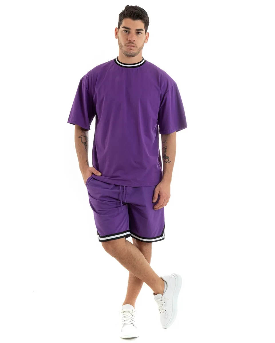 Completo Set Coordinato Uomo Cotone Viscosa T-Shirt Bermuda Outfit Viola GIOSAL-OU2309A