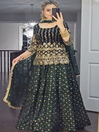 Dark Green Georgette Sequence Work Readymade Lehenga Choli Set