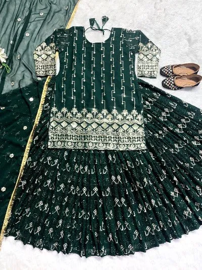 Dark Green Georgette Sequence Work Readymade Lehenga Choli Set