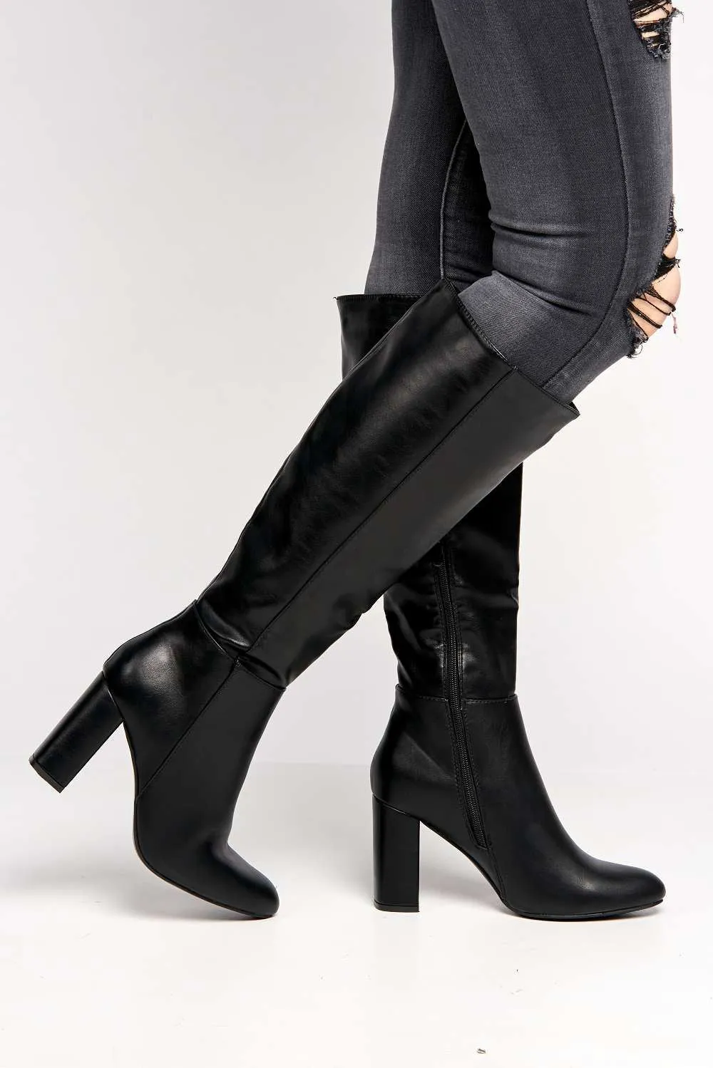 Geena Knee High Block Heel Wide Fit Boots in Black Matt