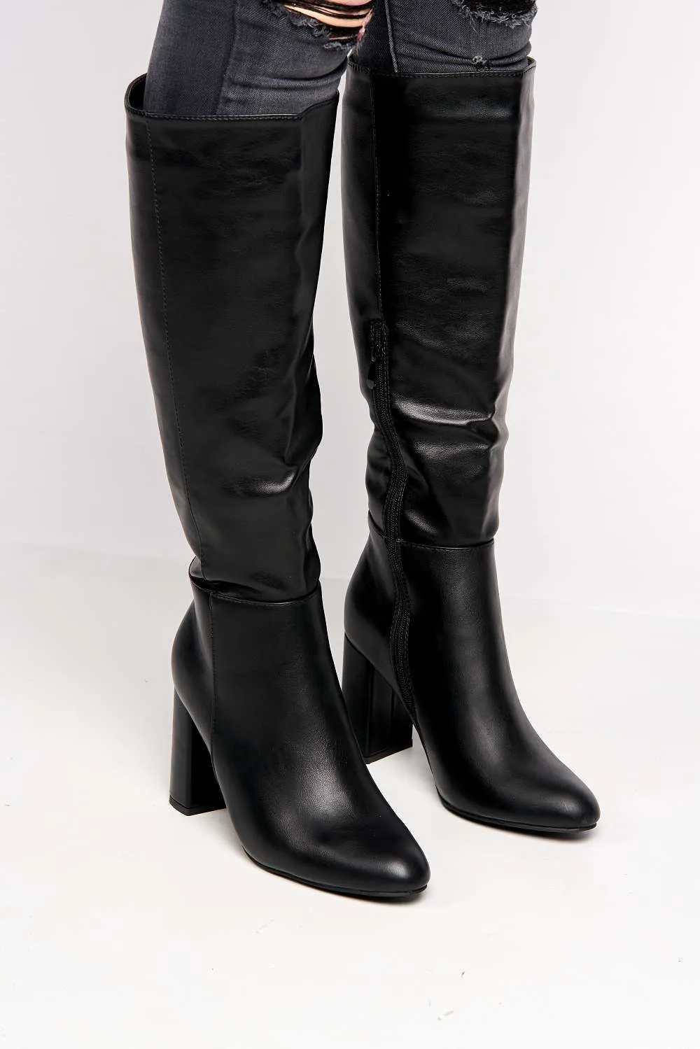 Geena Knee High Block Heel Wide Fit Boots in Black Matt