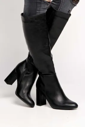 Geena Knee High Block Heel Wide Fit Boots in Black Matt