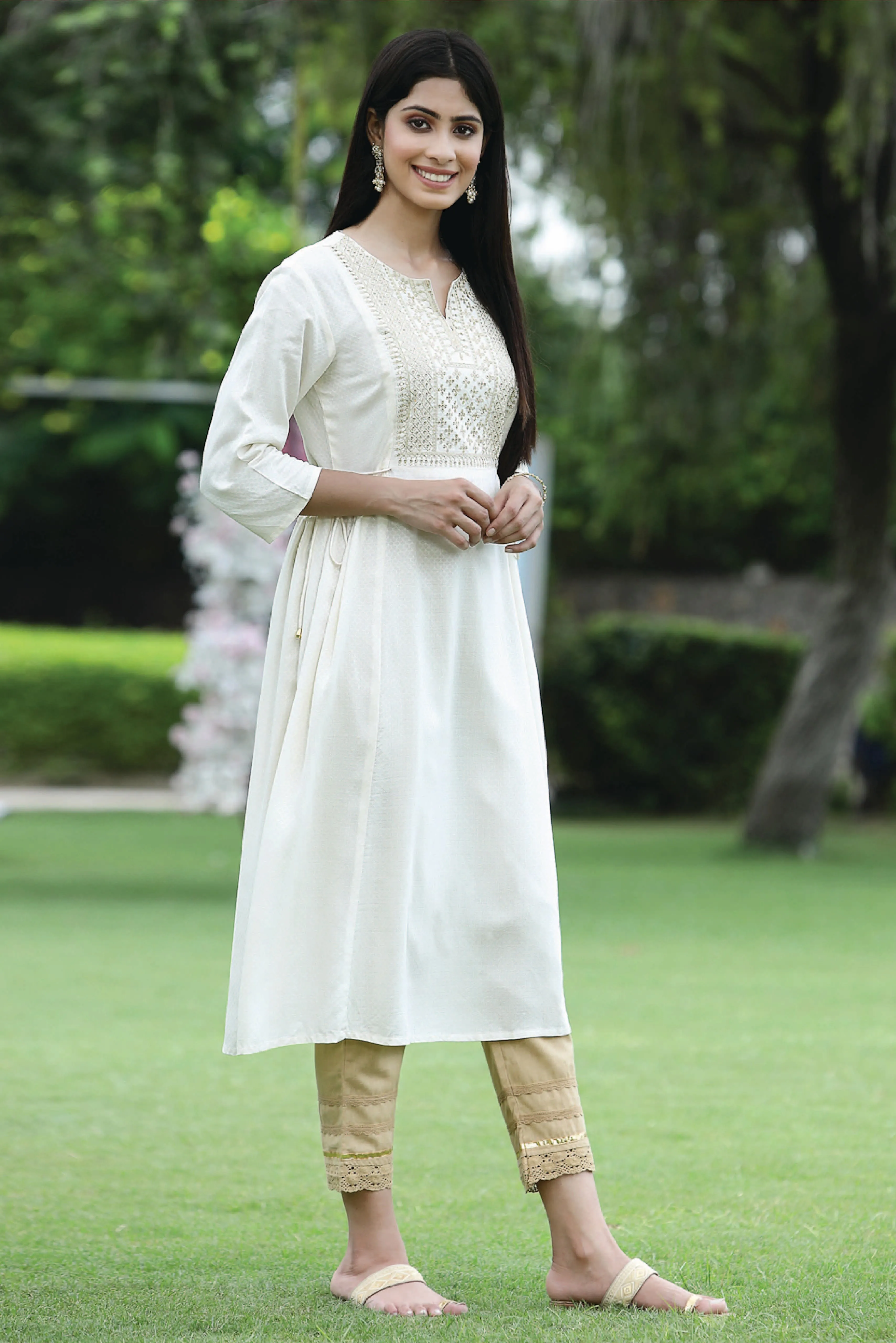 Juniper Ivory Ethnic Motif Printed Rayon Flared Kurta With Zari Work Embroidery