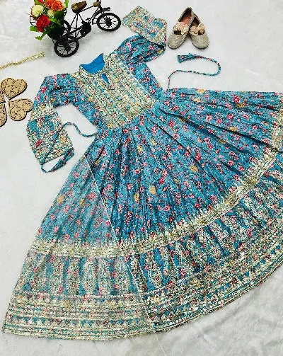 Kids Blue Chinon Silk Digital Print Sequenced Gown With Dupatta