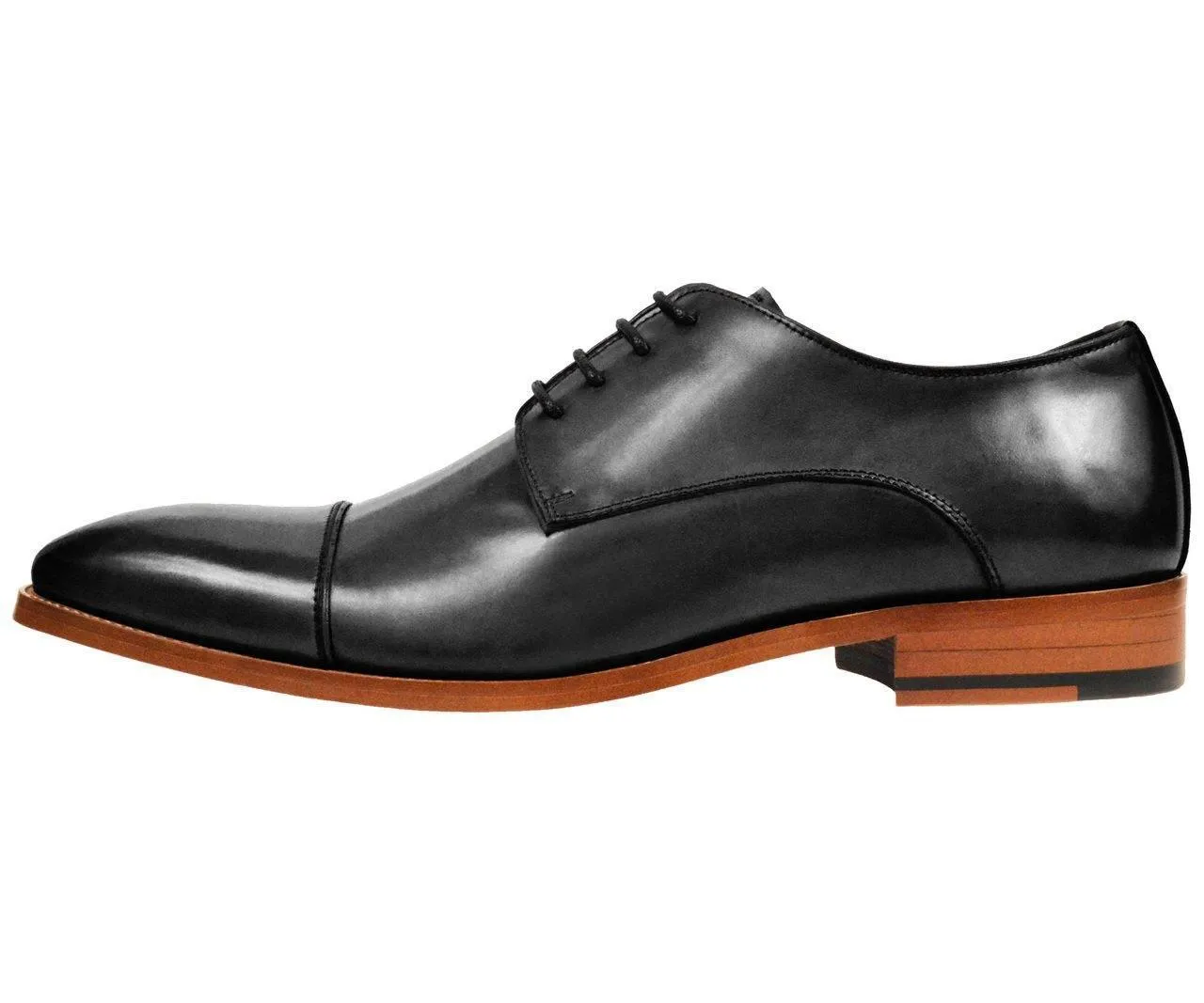 Leather Cap Toe Lace Up Oxford Dress Shoes with Wood Sole -Black