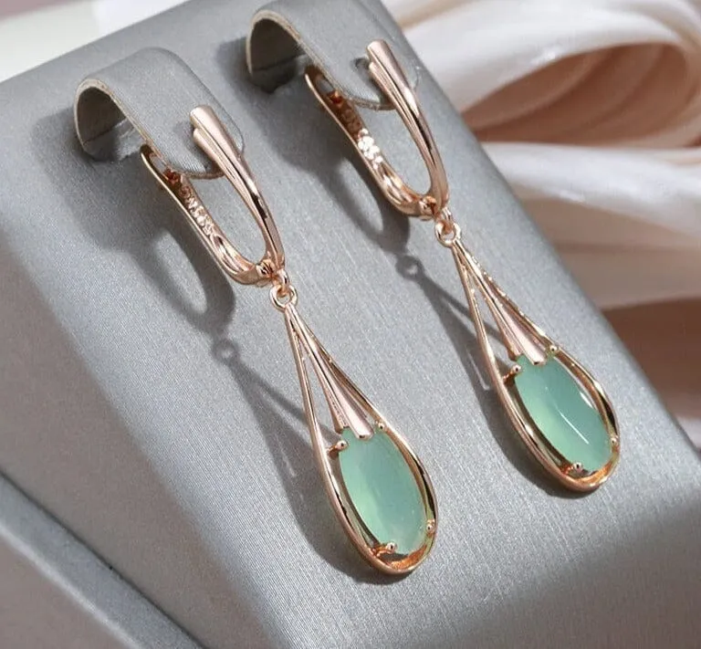 Long Drop Natural Aventurine Zircon Rose Gold Dangle Earrings