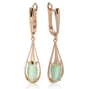 Long Drop Natural Aventurine Zircon Rose Gold Dangle Earrings