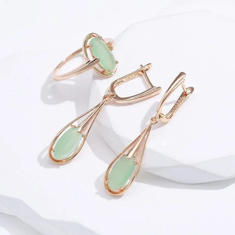 Long Drop Natural Aventurine Zircon Rose Gold Dangle Earrings