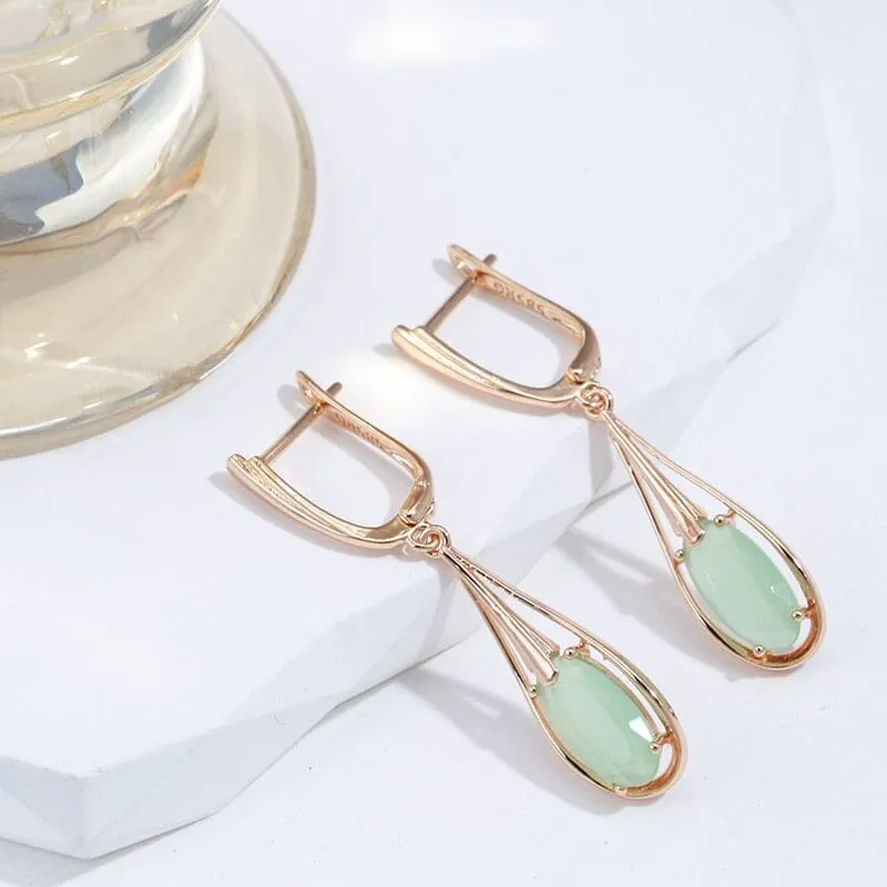 Long Drop Natural Aventurine Zircon Rose Gold Dangle Earrings