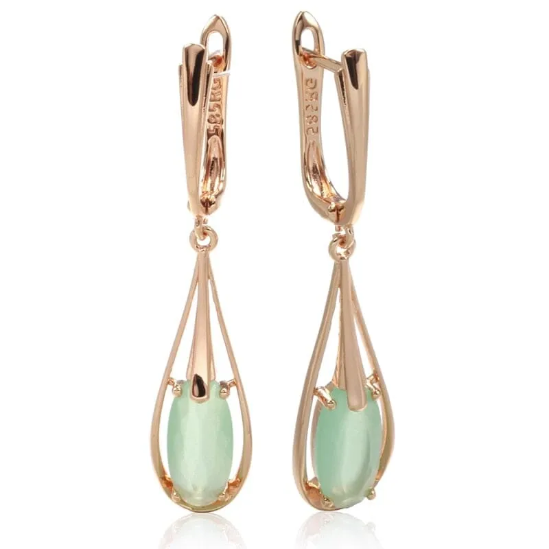 Long Drop Natural Aventurine Zircon Rose Gold Dangle Earrings