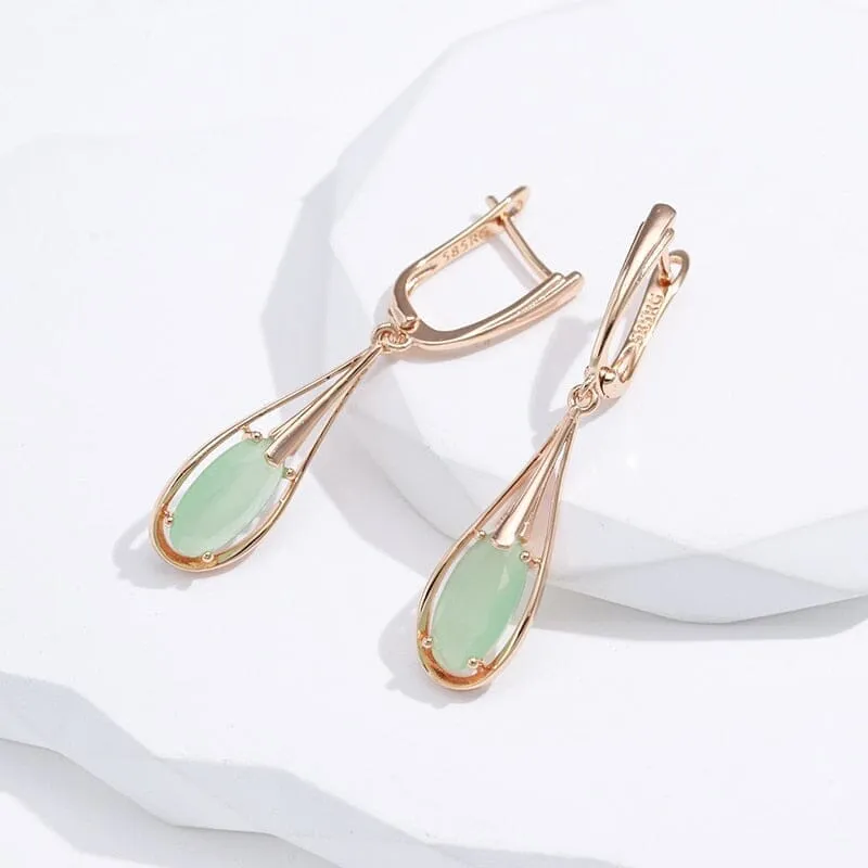 Long Drop Natural Aventurine Zircon Rose Gold Dangle Earrings