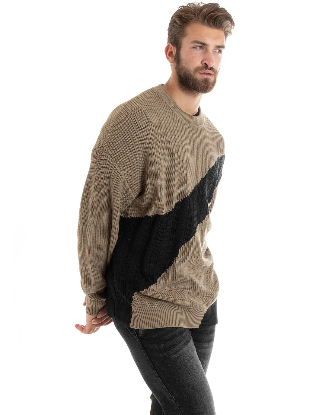 Maglioncino Uomo Girocollo Maglia Inglese Trecce Maglione Over Bicolore Beige GIOSAL-M2697A