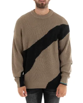 Maglioncino Uomo Girocollo Maglia Inglese Trecce Maglione Over Bicolore Beige GIOSAL-M2697A