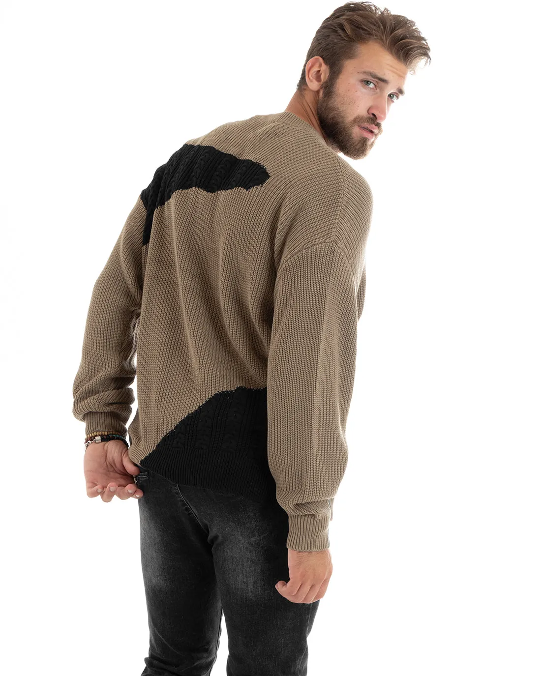 Maglioncino Uomo Girocollo Maglia Inglese Trecce Maglione Over Bicolore Beige GIOSAL-M2697A