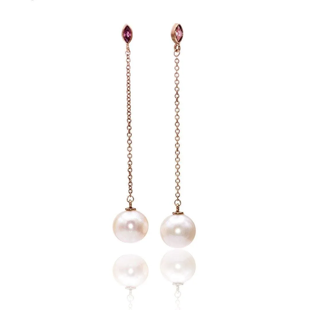 Marquise Garnet & White Pearl Long Dangle Earrings in 14k Rose Gold, Ready to Ship