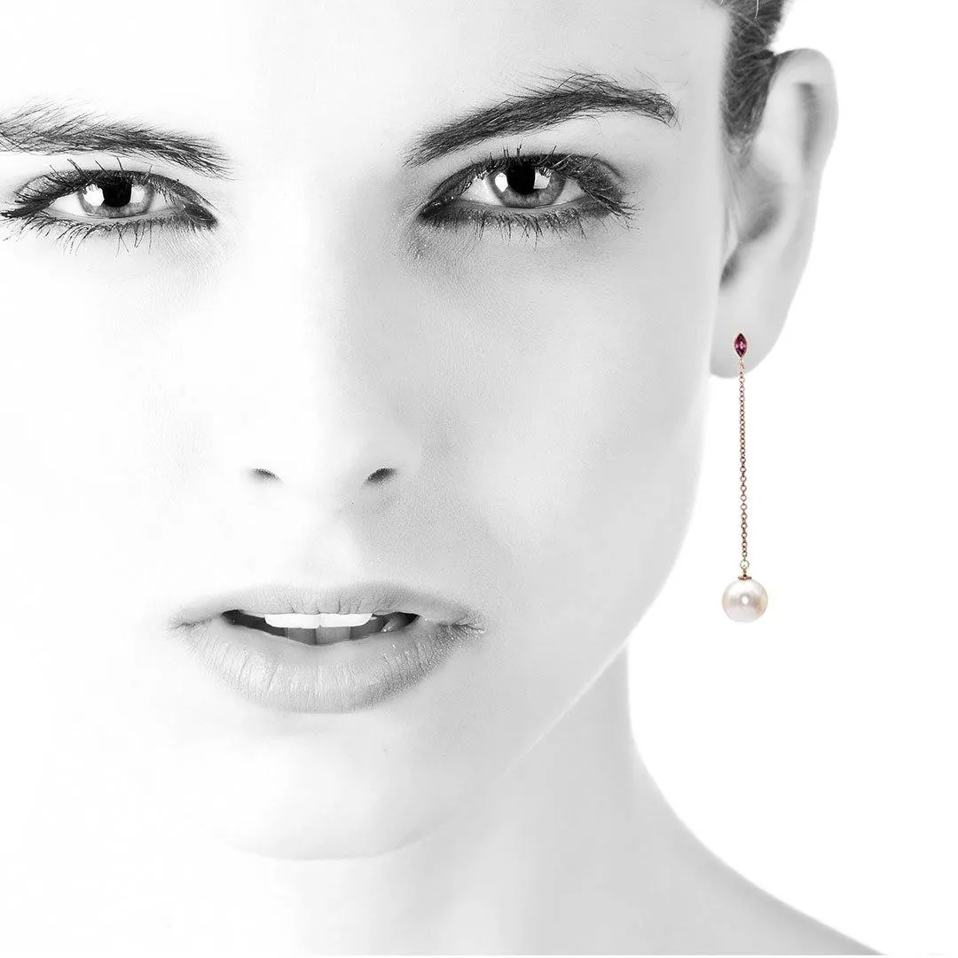 Marquise Garnet & White Pearl Long Dangle Earrings in 14k Rose Gold, Ready to Ship