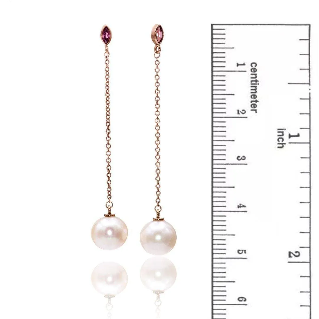 Marquise Garnet & White Pearl Long Dangle Earrings in 14k Rose Gold, Ready to Ship