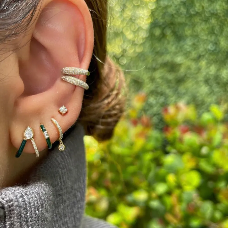 Mixed Shape Bezel Half Enamel Half Diamonds Split Huggie Earrings