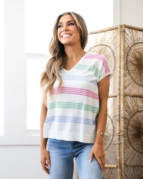 NEW! Paige Striped V Neck Short Sleeve Sweater - Pink, Sage and Blue