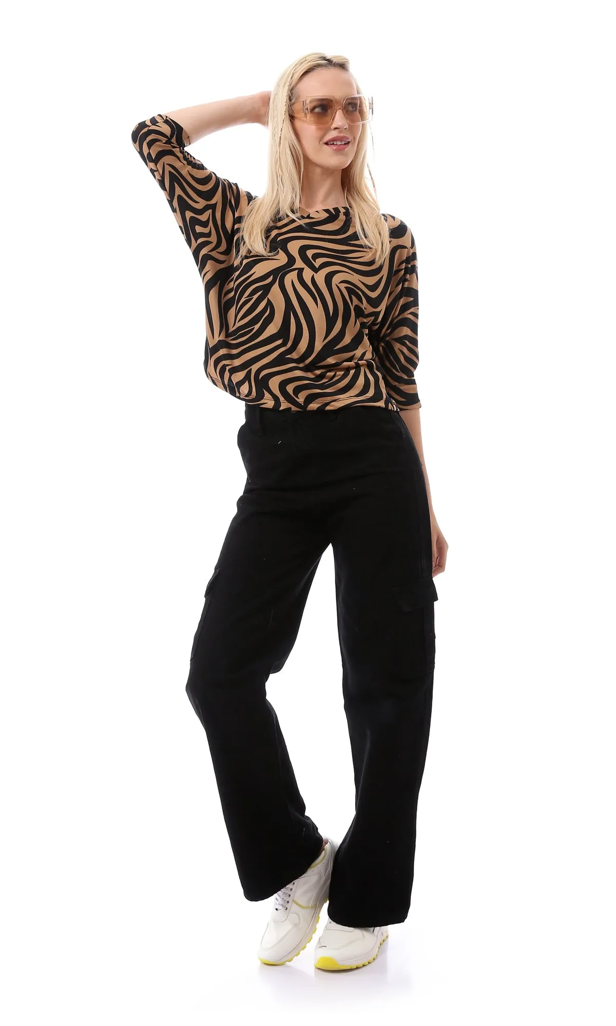 O168677 Mocha & Black Zebra Dolman Sleeves Top