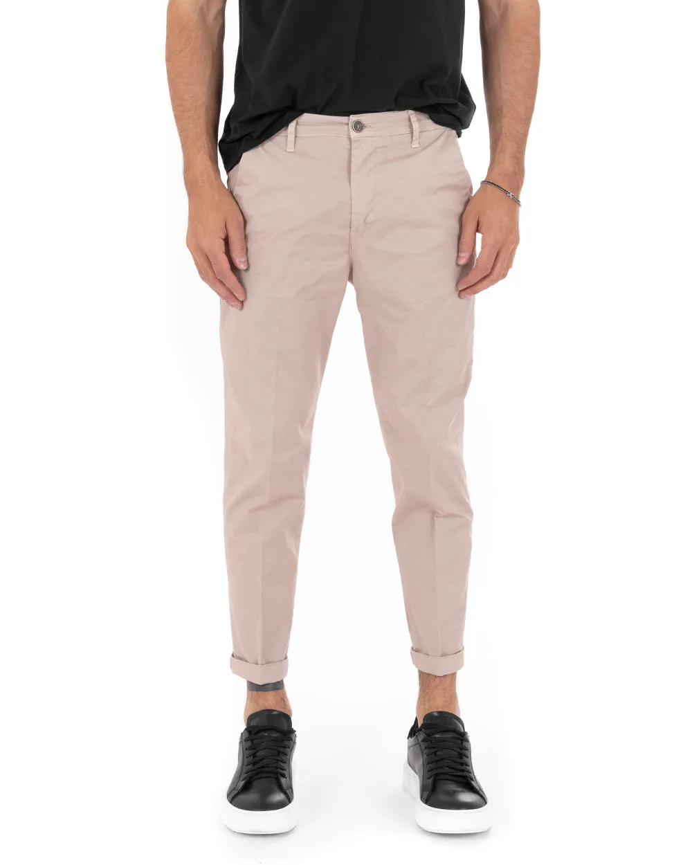 Pantaloni Uomo Cotone Tasca America Chinos Capri Sartoriale Slim Fit Casual Rosa GIOSAL-P6102A