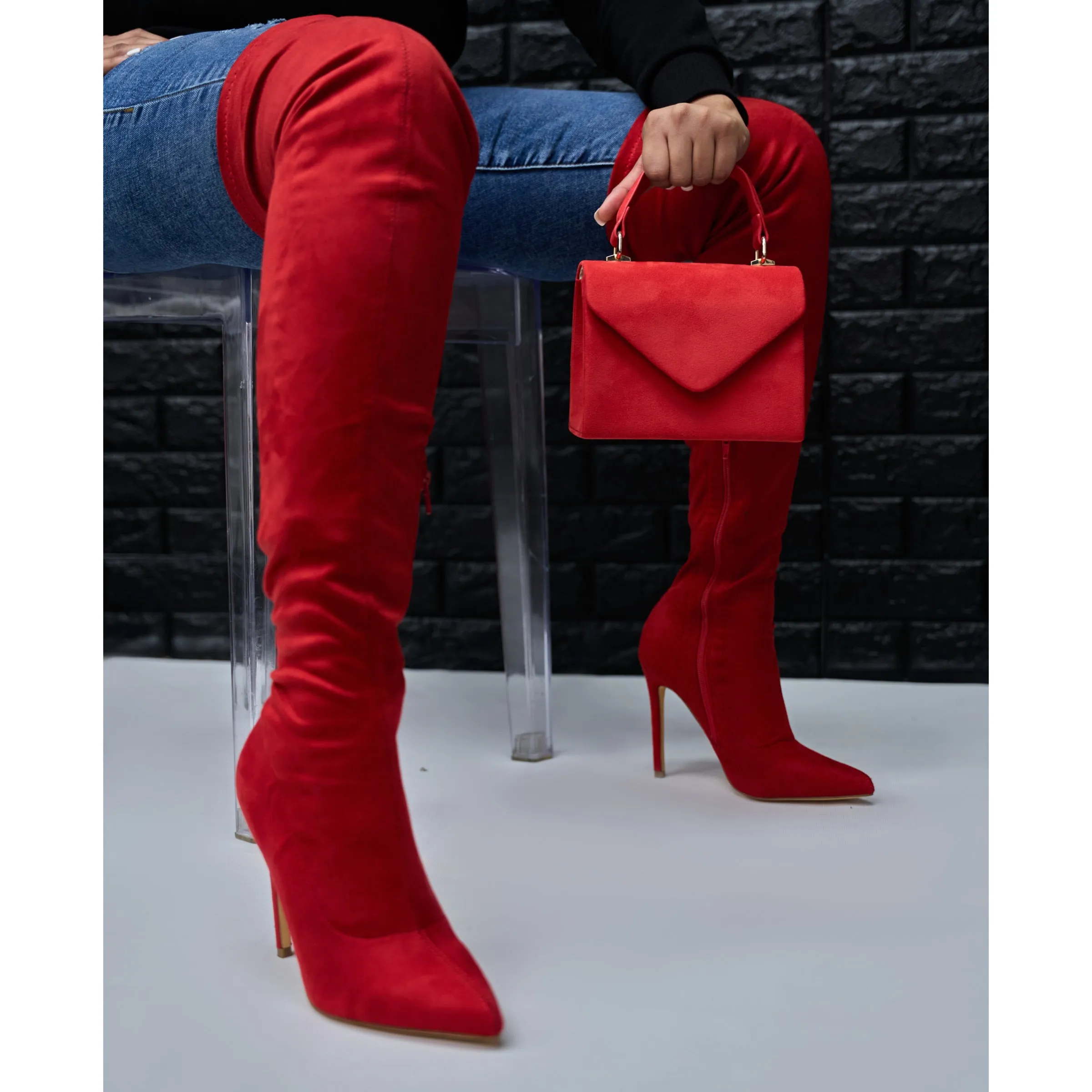 red suede thigh high - gisele