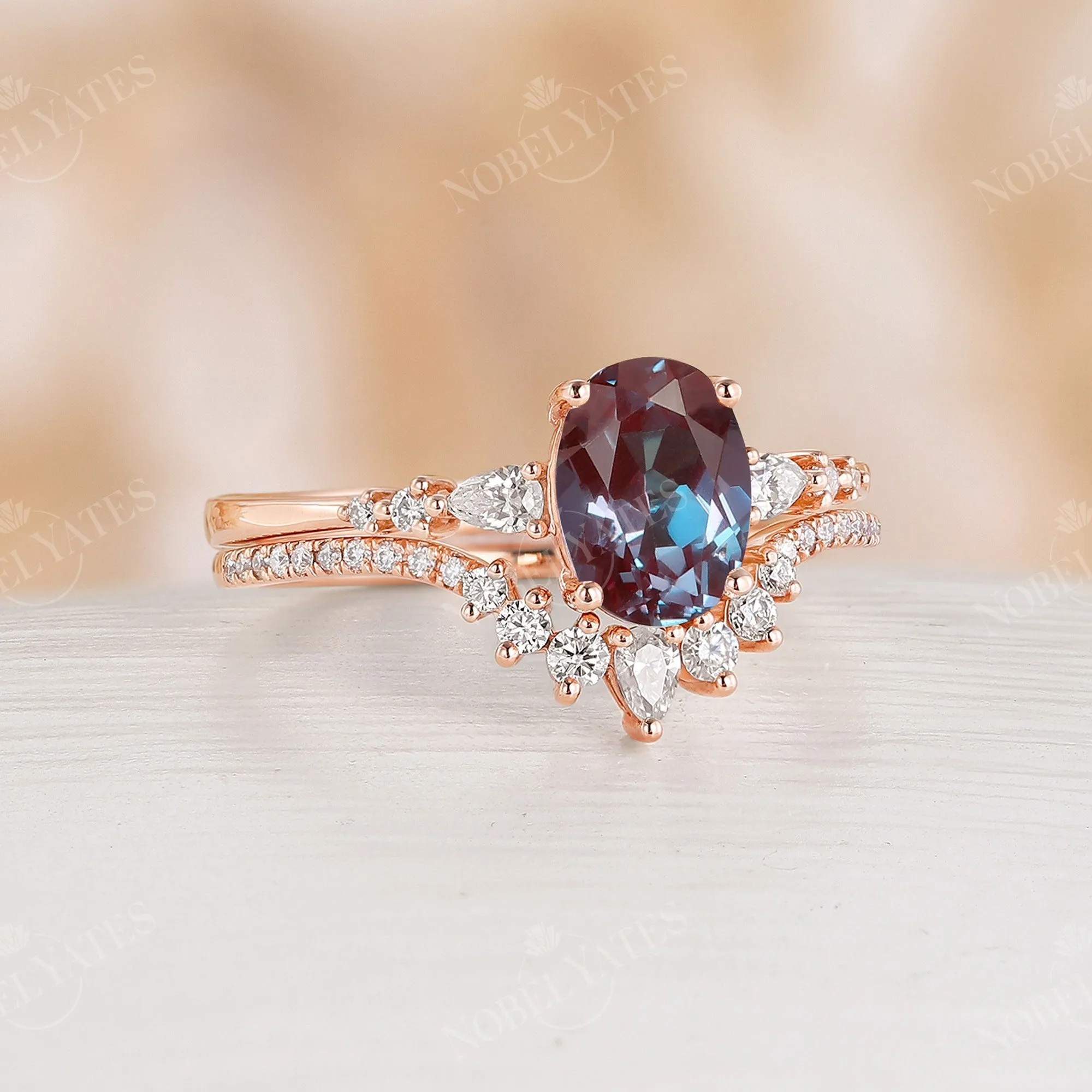 Rose Gold Lab Alexandrite Engagement Ring Set Matching Band