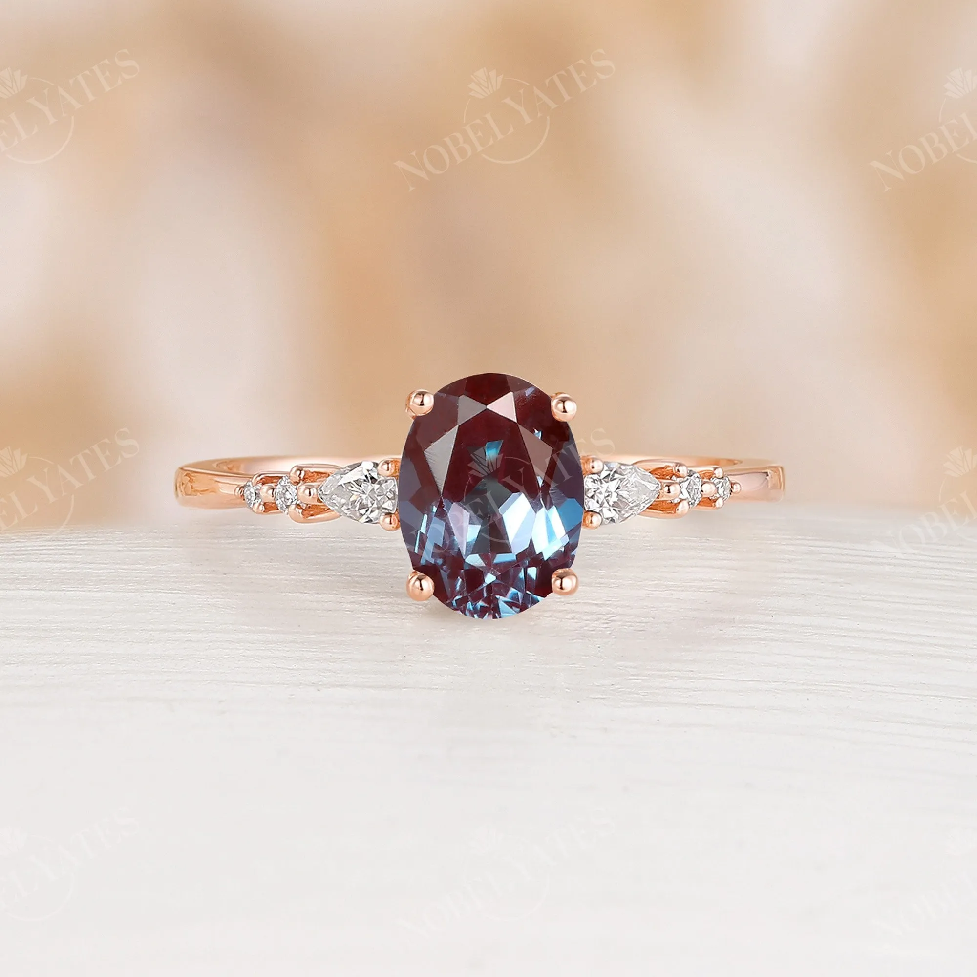 Rose Gold Lab Alexandrite Engagement Ring Set Matching Band