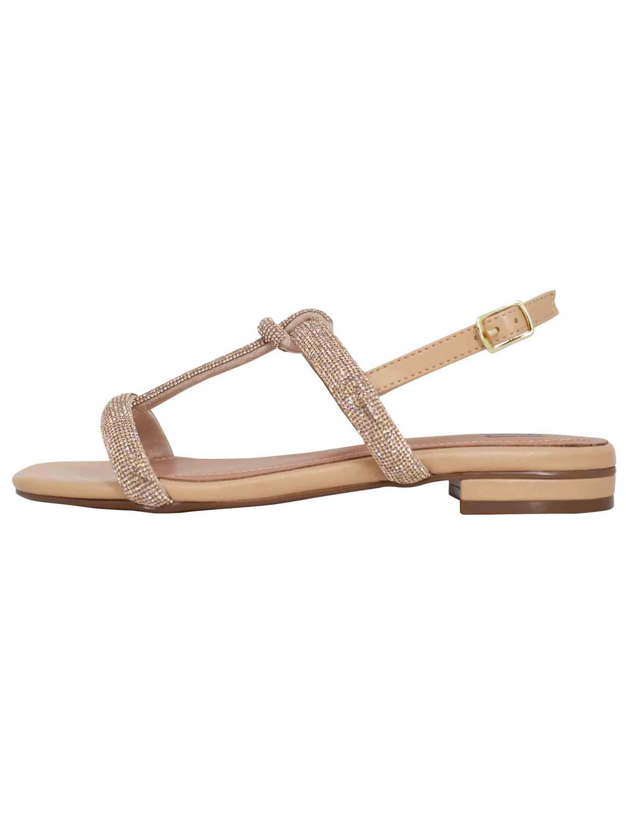 Sandali flat donna in eco pelle e strass nude con cinturino posteriroe e punta quadra Caloy