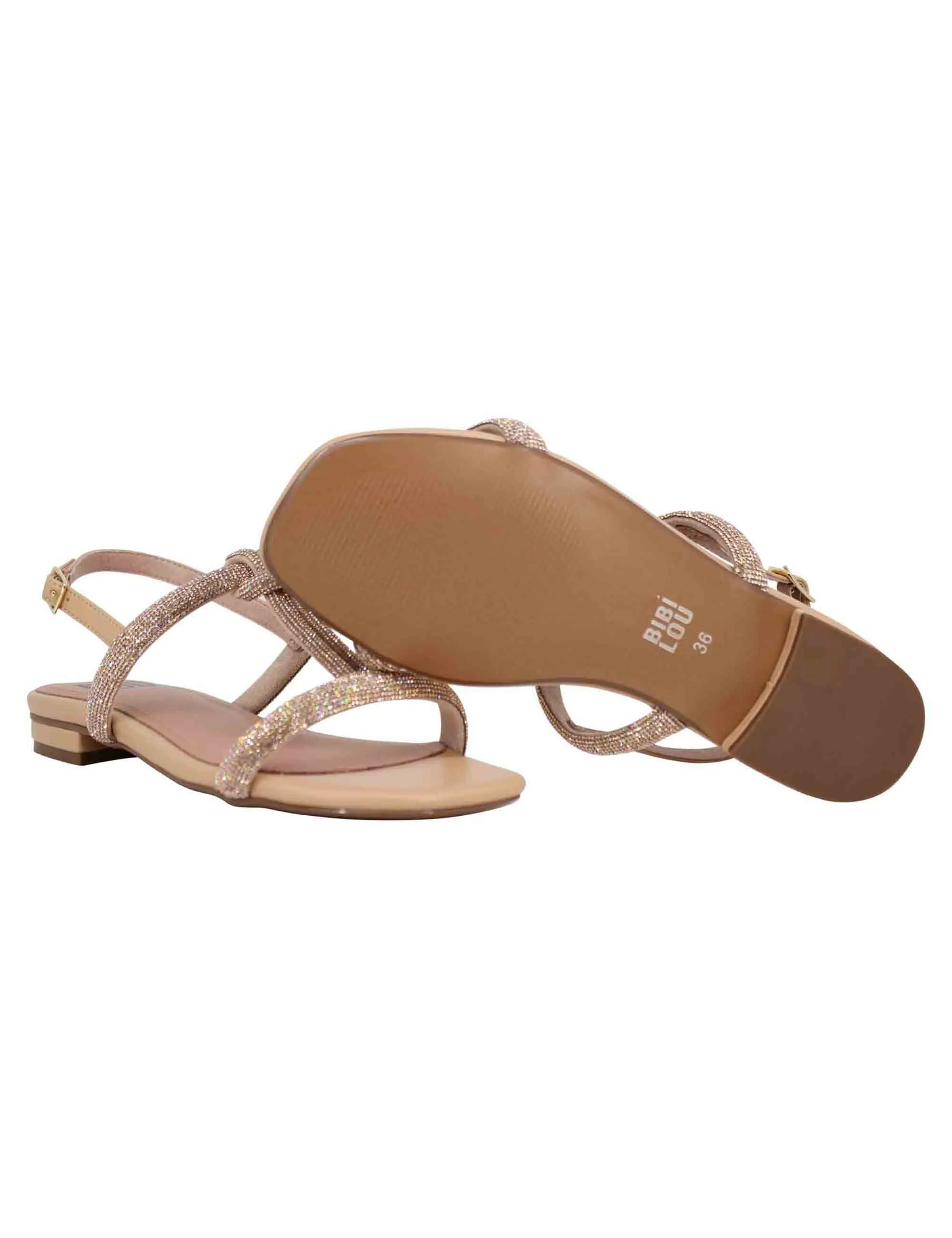 Sandali flat donna in eco pelle e strass nude con cinturino posteriroe e punta quadra Caloy