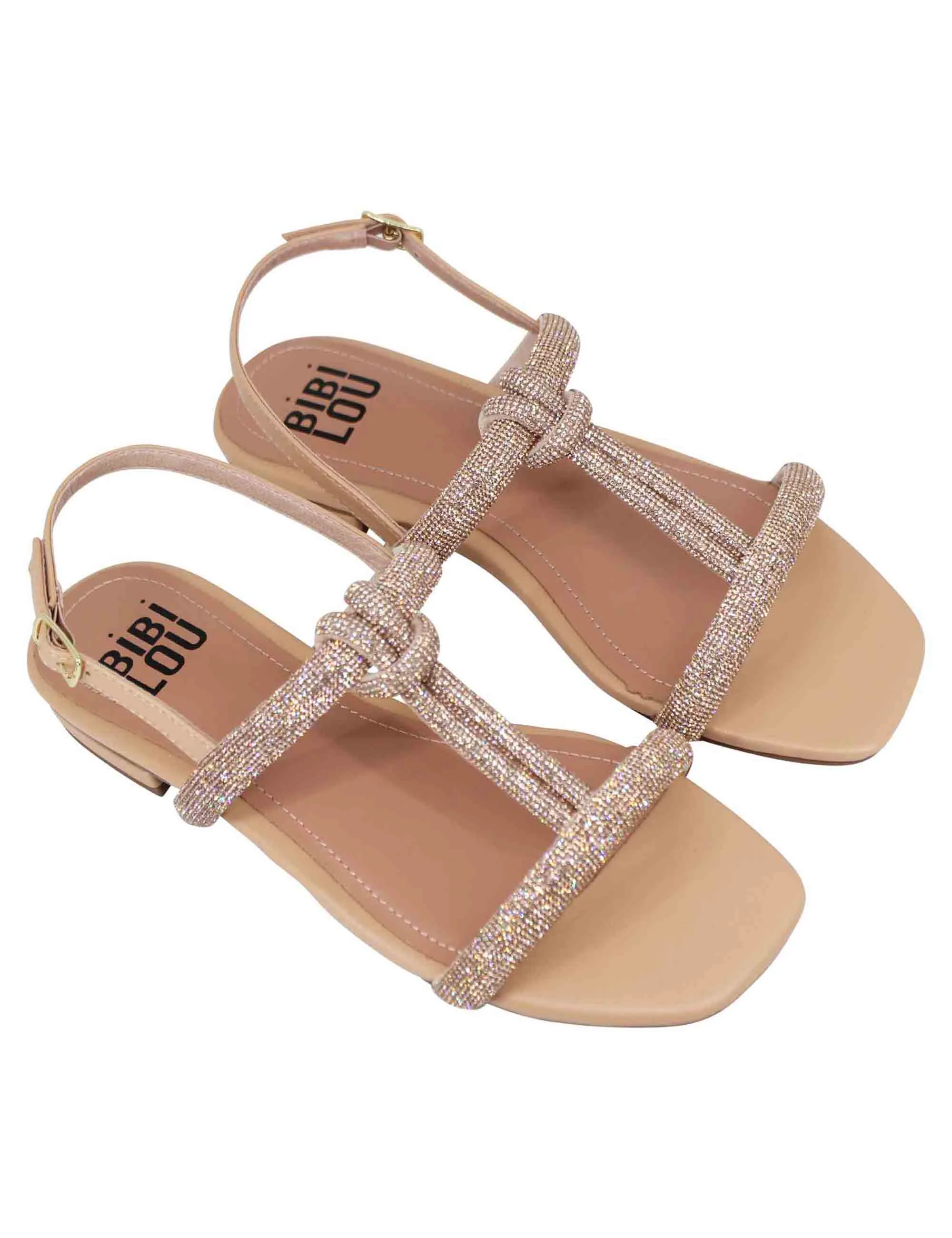 Sandali flat donna in eco pelle e strass nude con cinturino posteriroe e punta quadra Caloy