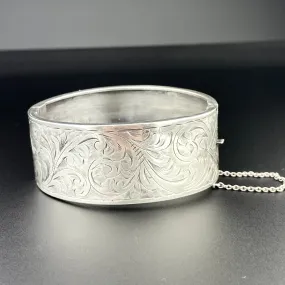 Victorian Engraved Leaf Scroll Wide Silver Bracelet Bangle