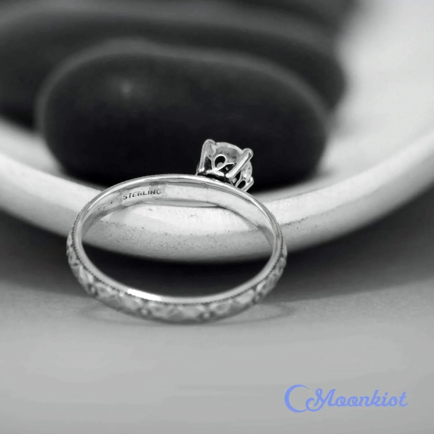 Vintage Round Cut Sterling Silver Engagement Ring | Moonkist Designs