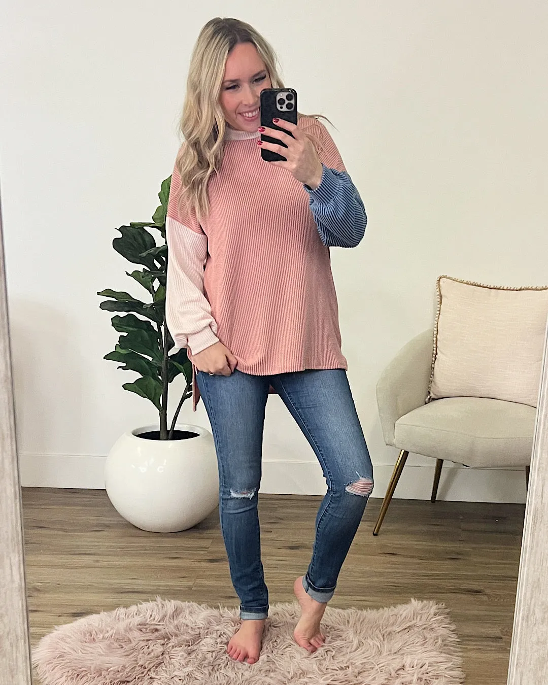 Violet Peach, Cream and Blue Corded Long Sleeve Top FINAL SALE