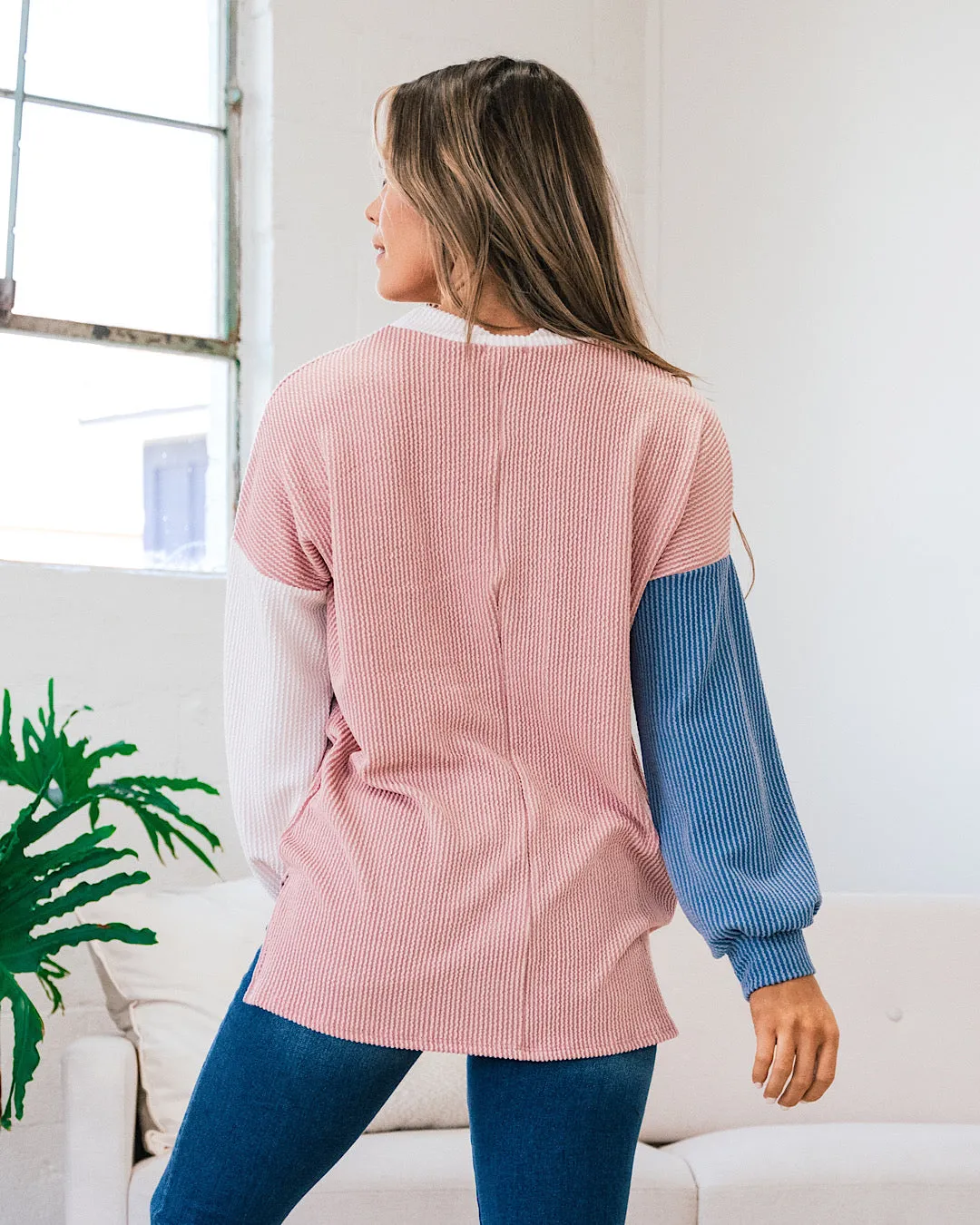 Violet Peach, Cream and Blue Corded Long Sleeve Top FINAL SALE